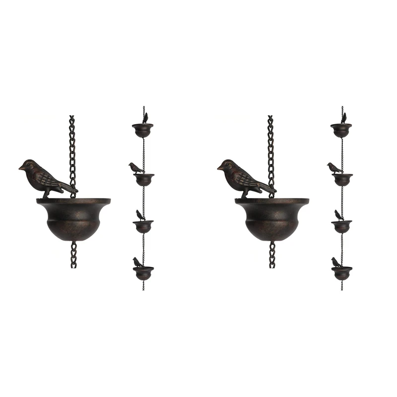 2X Rain Chains For Gutters Mobile Birds On Cups Rain Chimes 7.8Ft Rain Chimes With Attached Hanger And Birds