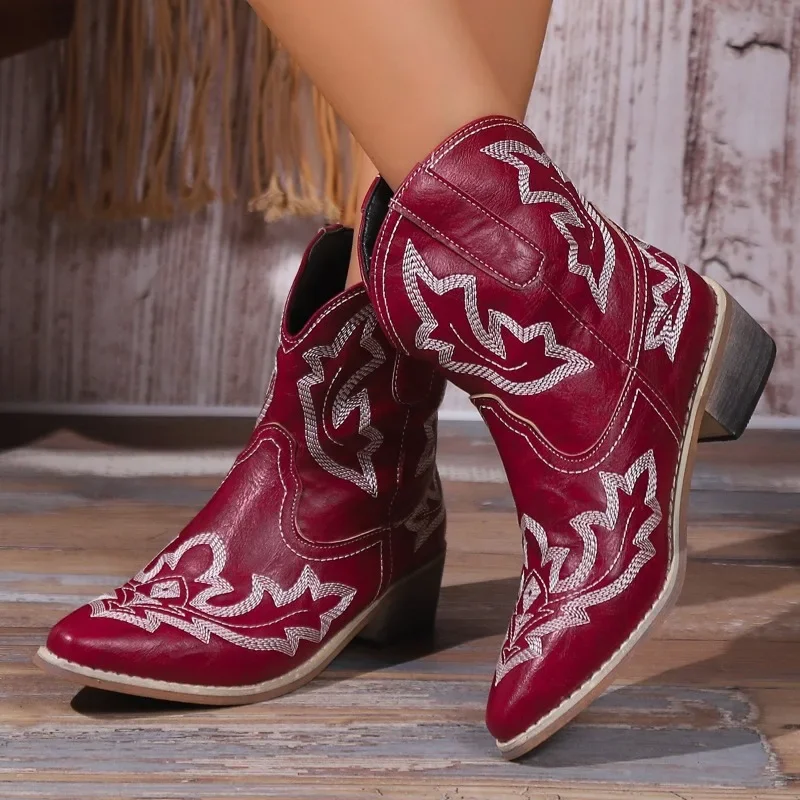 NEW Embroidery Botas Mujer Faux Leather Cowboy Ankle Boots for Women Wedge High Heel Boots Snake Print Western Cowgirl Boots 43
