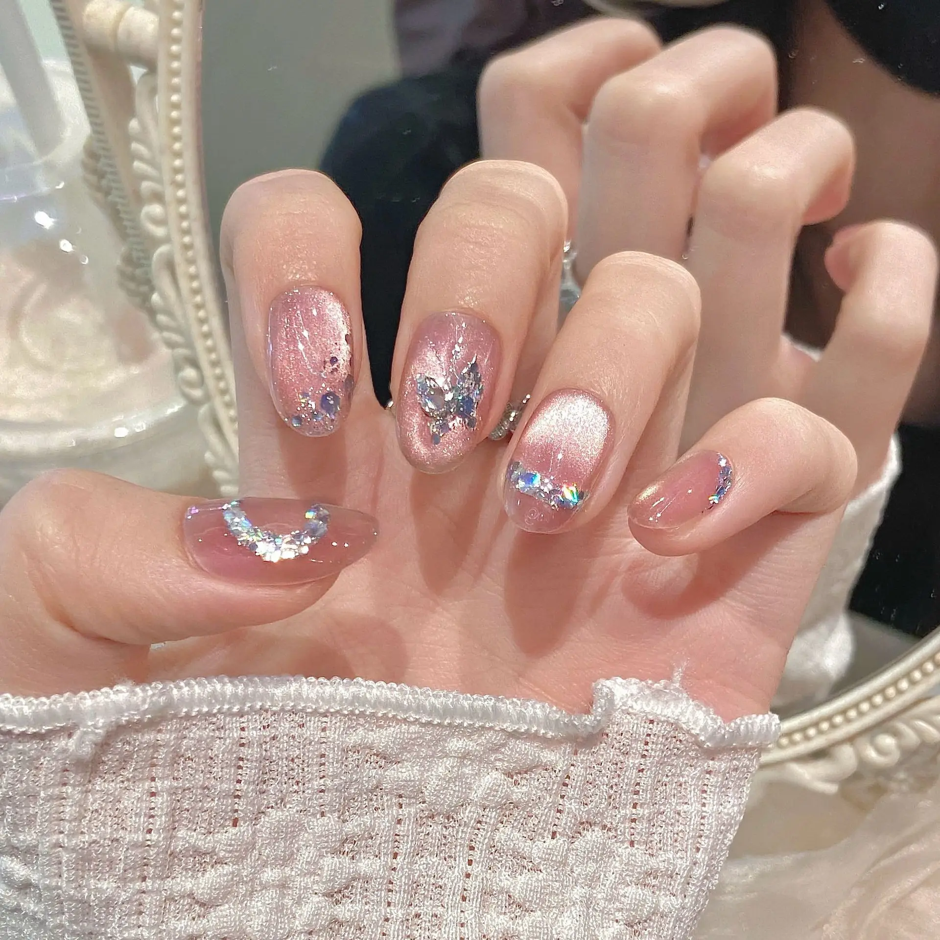 Handmade Press on Nails Sweet Pink Cat Eye Fake Nails with Colorful Diamond Design Full Cover Wearable Korean Cute False Nails