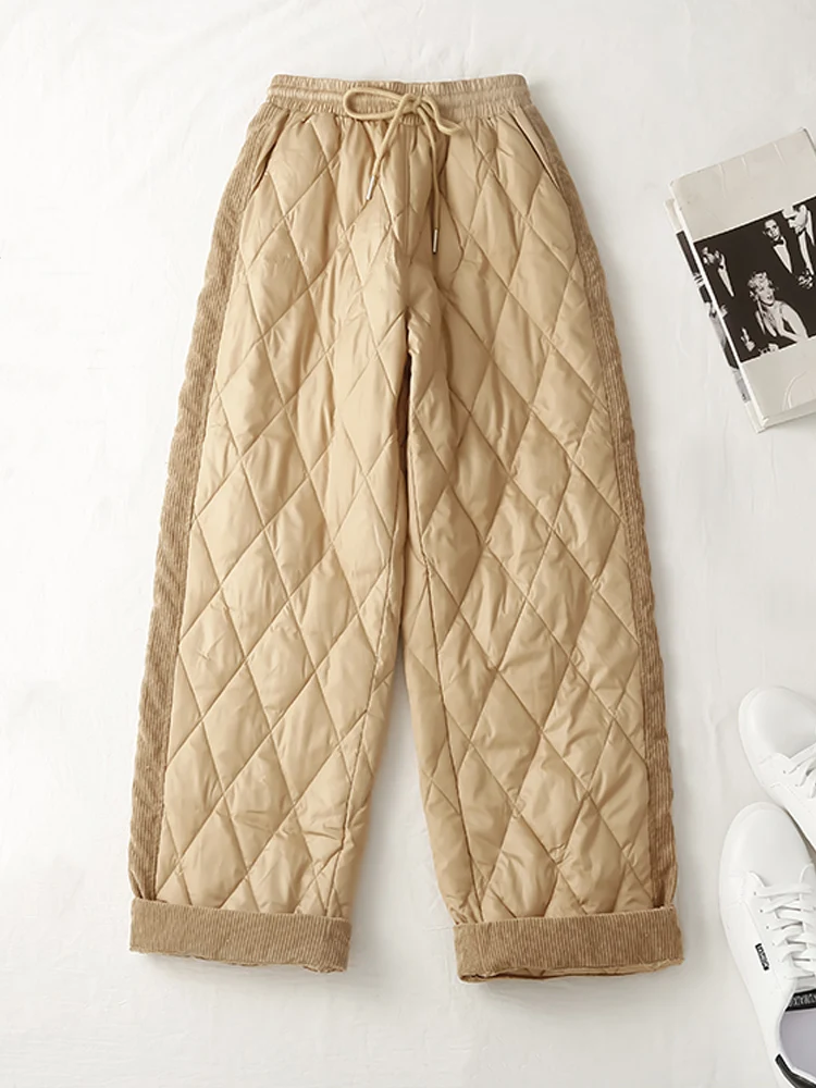 Fashion Outerwear Trousers Women Cotton-Wadded Harem Pants 2024 New Winter Plaid Patchwork Quilted Down Cotton Straight Pants