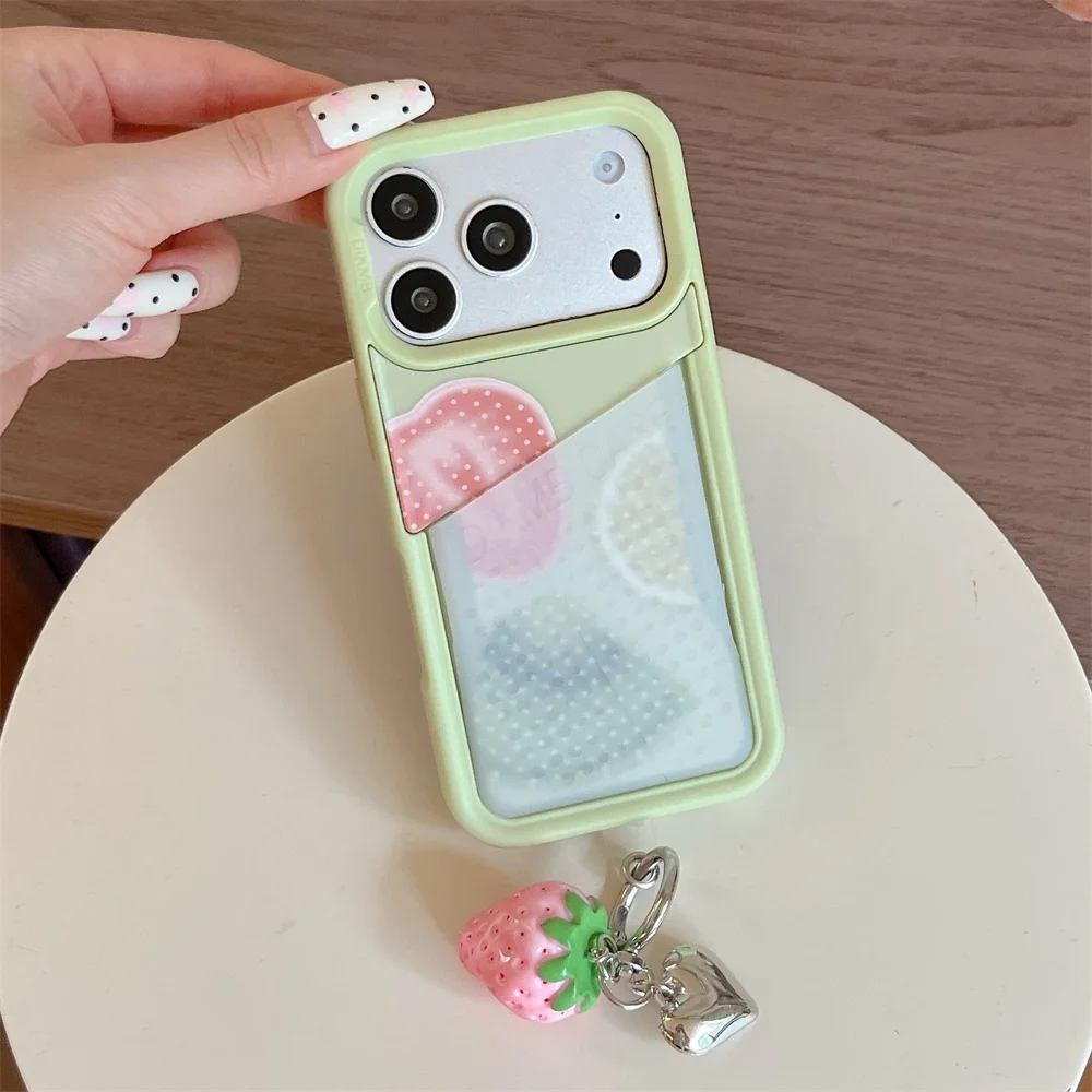 

INS Cute Fruit Card Holder Phone Case for iPhone 17 Pro 16 Pro 17 16 15 Pro Max Cover With Strawberry Charm Fashion Funda Cases