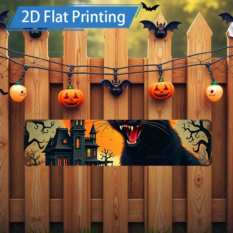 1 قطعة 4x16 بوصة علامة معدنية للهالوين جدار معدني الفن-قلعة مخيفة وقطة سوداء 2D طباعة مسطحة ديكور