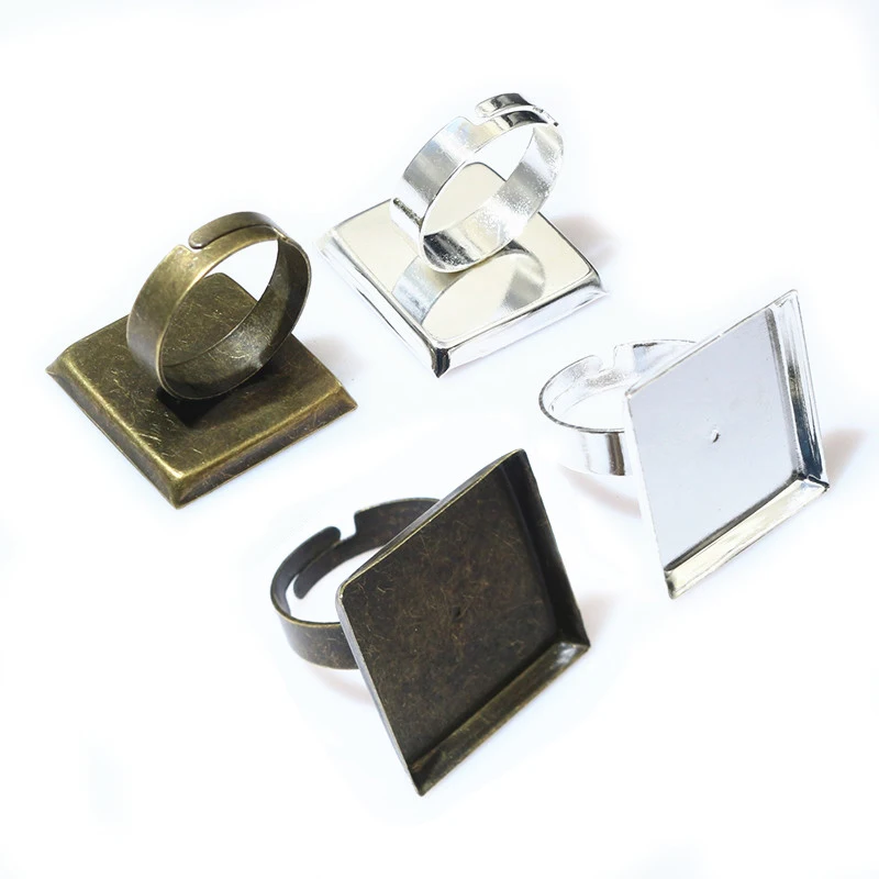 10pcs/lot 20mm 2 Colors Square Brass Adjustable Ring Settings Blank/Base,Fit 16mm 20mm Square Glass Cabochons