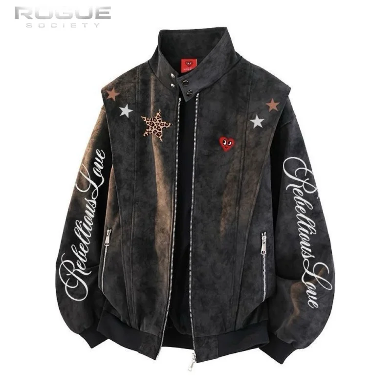 American Retro Star Letter Print Suede Jacket Men Y2K Patchwork Heart Embroidery Stand Collar Zipper Streetwear Outerwear Unisex