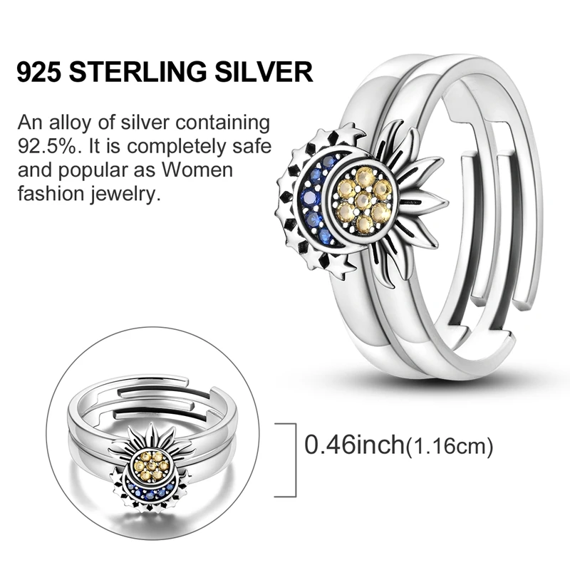 Women's 925 Sterling Silver Sun Moon Star Open Rings Set