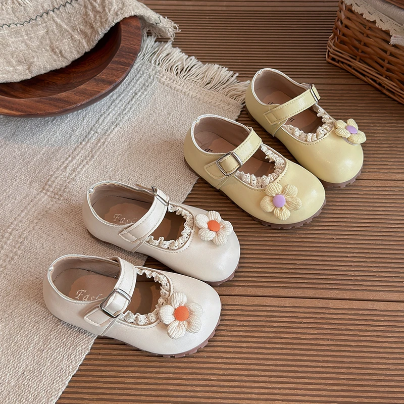 Toddler Girls Floral Mary Jane Shoes Lace Trim Magic‑Tape Soft Flat Princess Dress Shoes