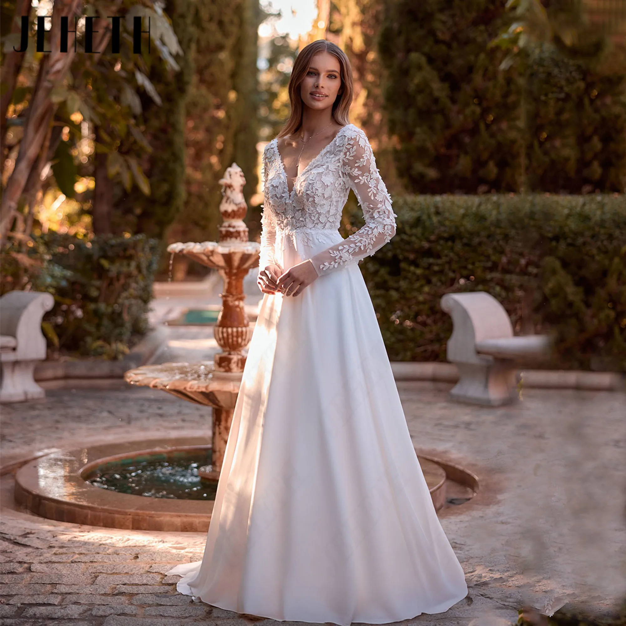 JEHETH Boho Long Sleeves A-line Wedding Dresses For Women Corset Low Floor Length Lace Appliques Tulle Bridal Gown Customized