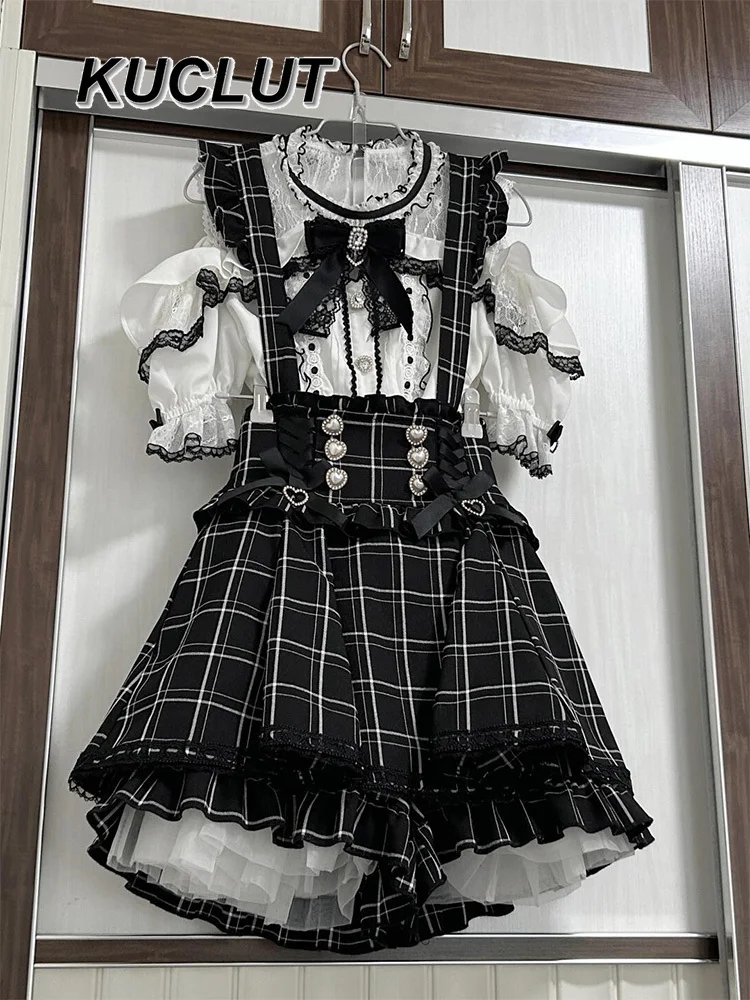 Gothic Lolita Style Koronkowa sukienka bez rękawów w kratę Czarno-biały 2-częściowy zestaw damski z wysoką talią Letni elegancki garnitur