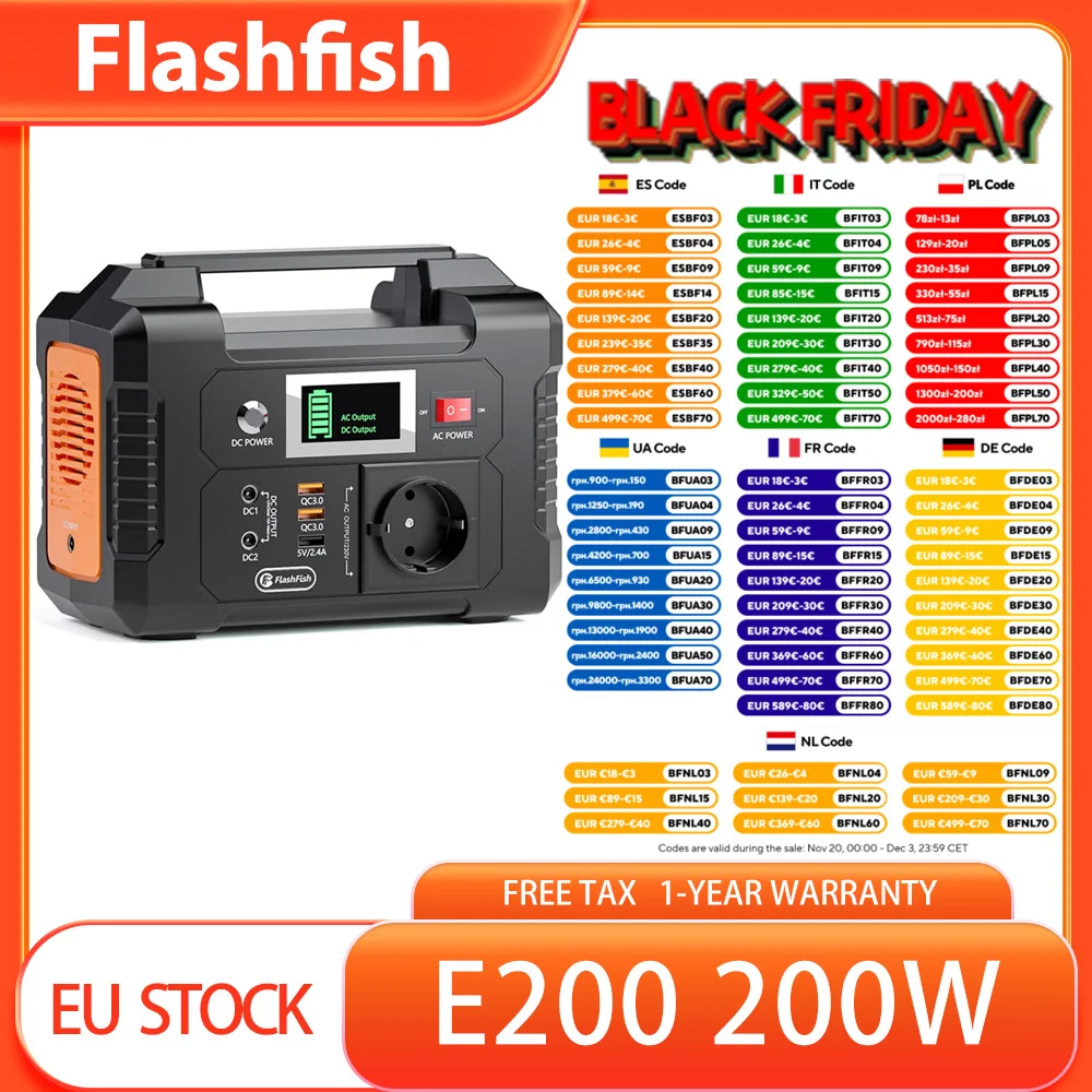 Stazione di alimentazione portatile Flashfish E200, batteria LiFePO4 da 200 W 151 Wh, uscite CA/CC/USB, onda sinusoidale modificata, ricarica multipla