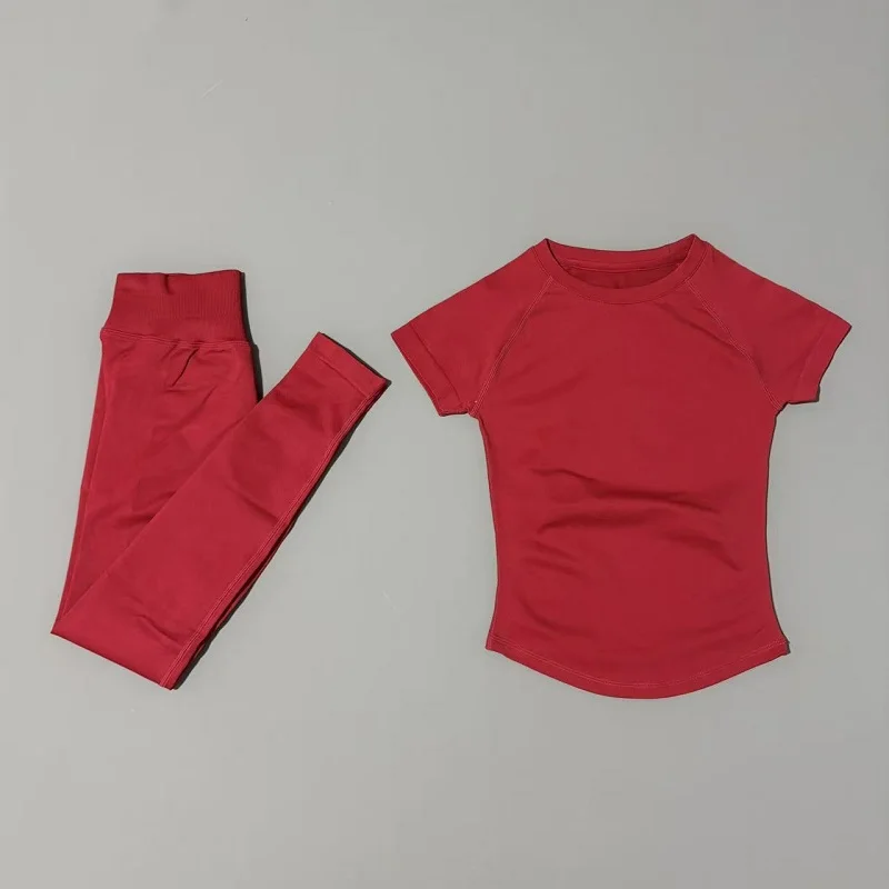 2-delige damesset in effen kleur Zomer Casual T-shirt met korte mouwen Hoge taille Lange broek Zacht ademend trainingspak Dagelijkse outfit
