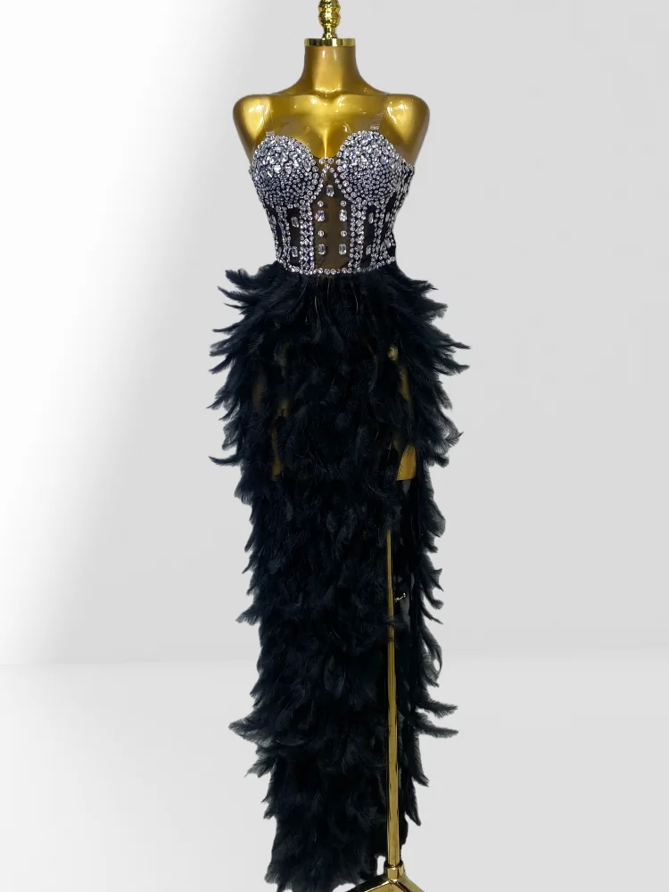 

Luxury Sparkling Diamonds Gorgeous Feathers Long Dress Celebrate Birthday Party Evening Dress Stage Performance Costume