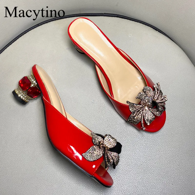 Ladies Rhinestone Flower Design High Heel Slippers round Toe Drill Heel Fashion Party Footwear
