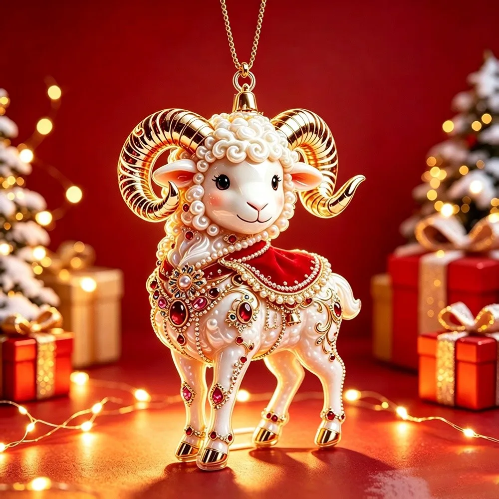 New 2D Flat Goat Hanging Ornament Set Shining Acrylic Goat Pendant Simulation Artificial Rhinestone Keychain Holiday Party Decor