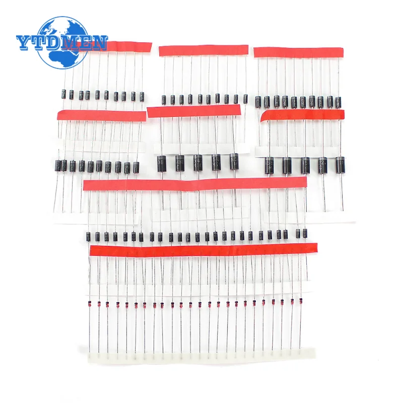 100PCS 8 Value Rectifier Diode Kit 1N4007 1N4148 1N5819 1N5399 1N5408 1N5822 FR107 FR207 Fast Switching Diodes