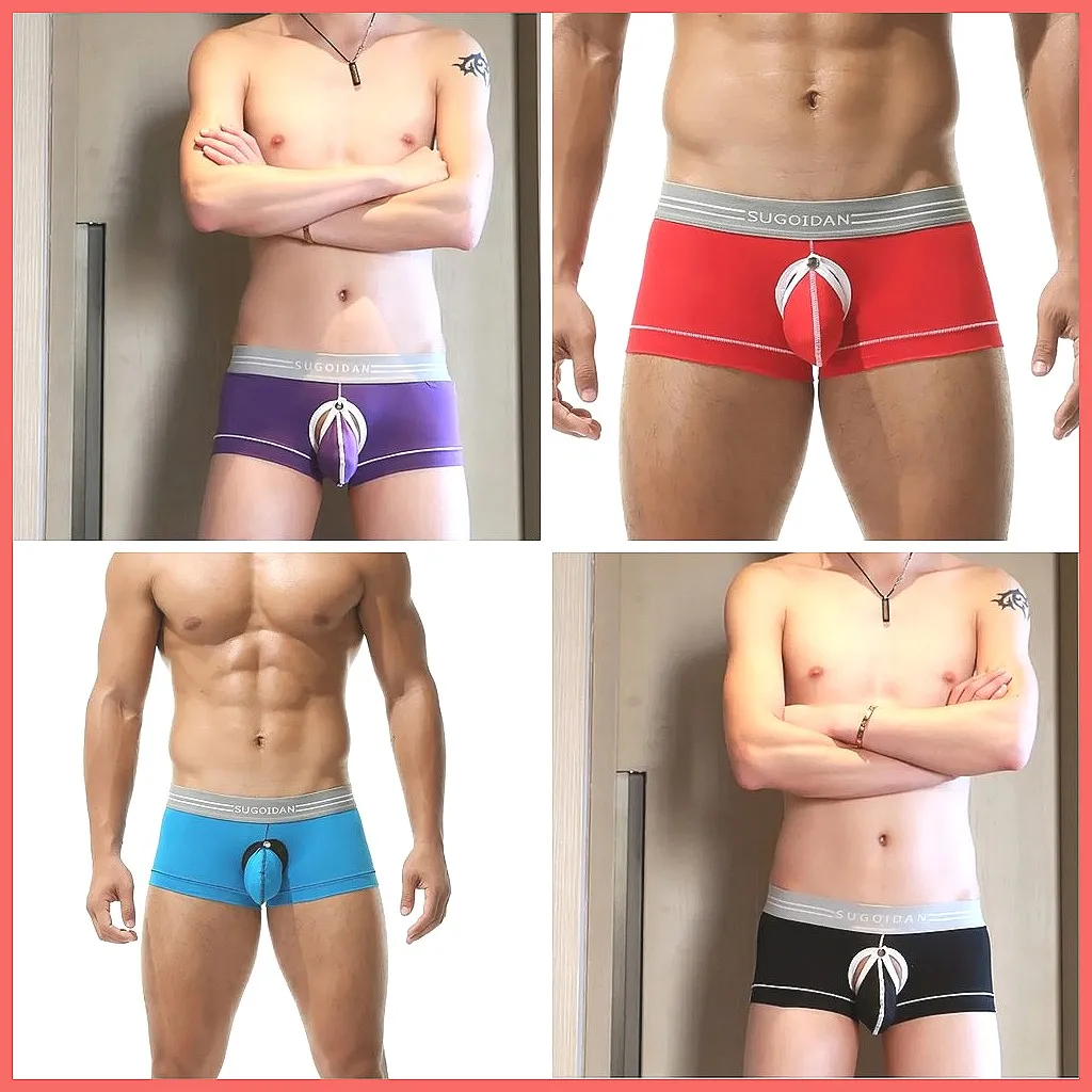 Men's Sexy Open Front Boxer Briefs with Bulge Pouch - Breathable Cotton Comfort Underwear