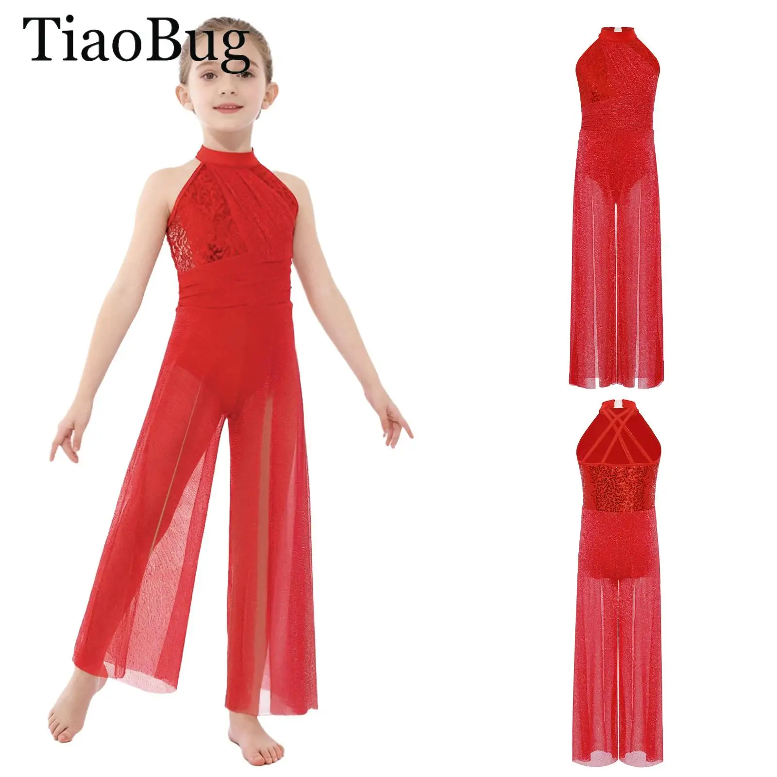 Kids Girls Ballet Dance Unitards Modern Gymnastic Leotard Jumpsuit Shiny Sequins Bodice Shimmery Mesh Split Skating Bodysuit