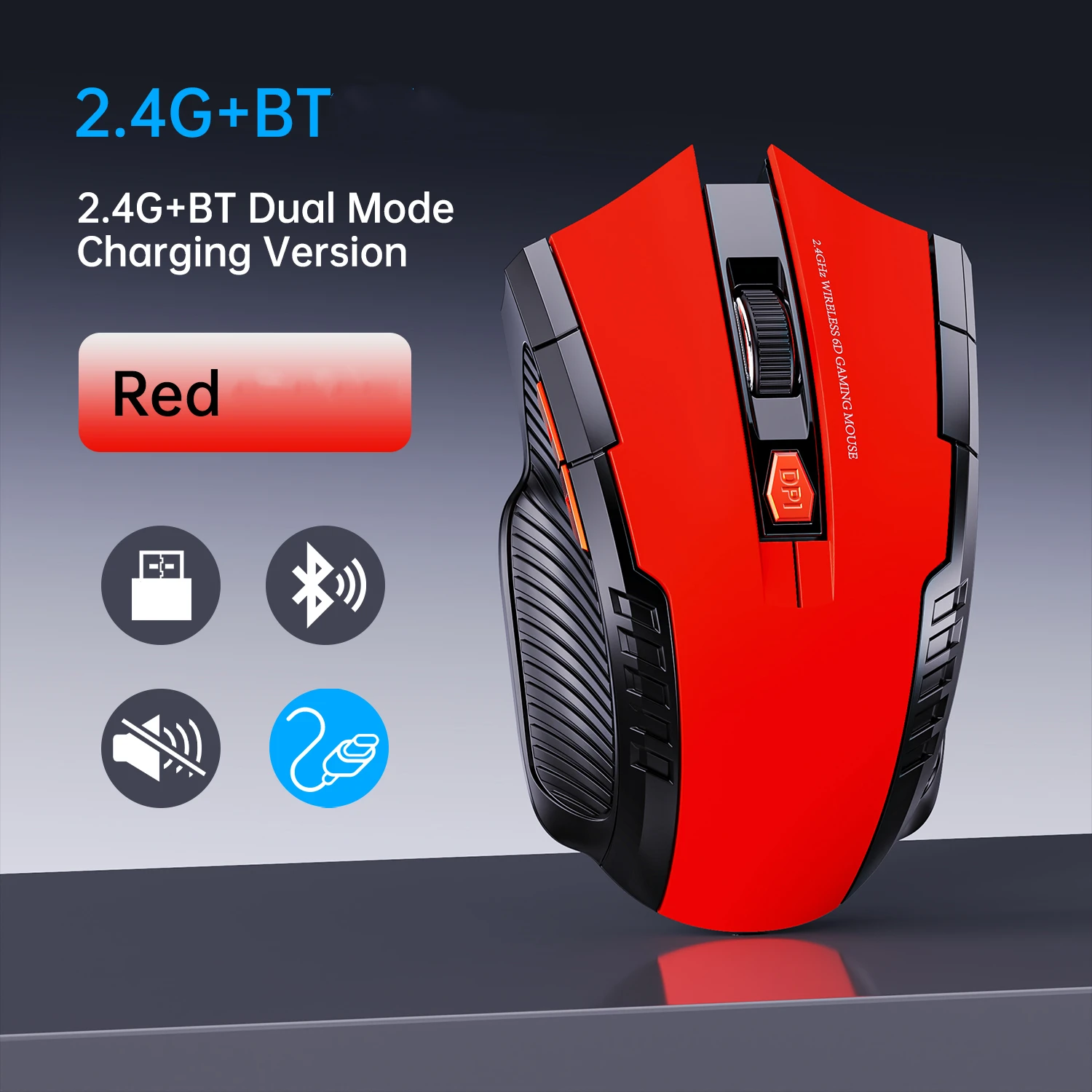 Ergonomic Wireless Gaming Mouse Bluetooth & 2.4G Dual Connection 6 Keys Silent Click Adjustable DPI Rechargeable Computer Mouse
