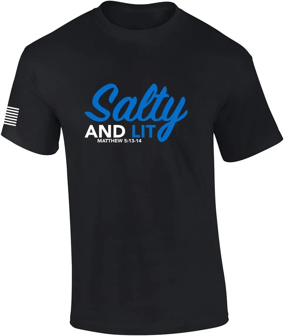 Mens Christian Shirt Salty and Lit Matthew 5:13-14 Scripture Flag Sleeve Short Sleeve T-Shirt Graphic Tee
