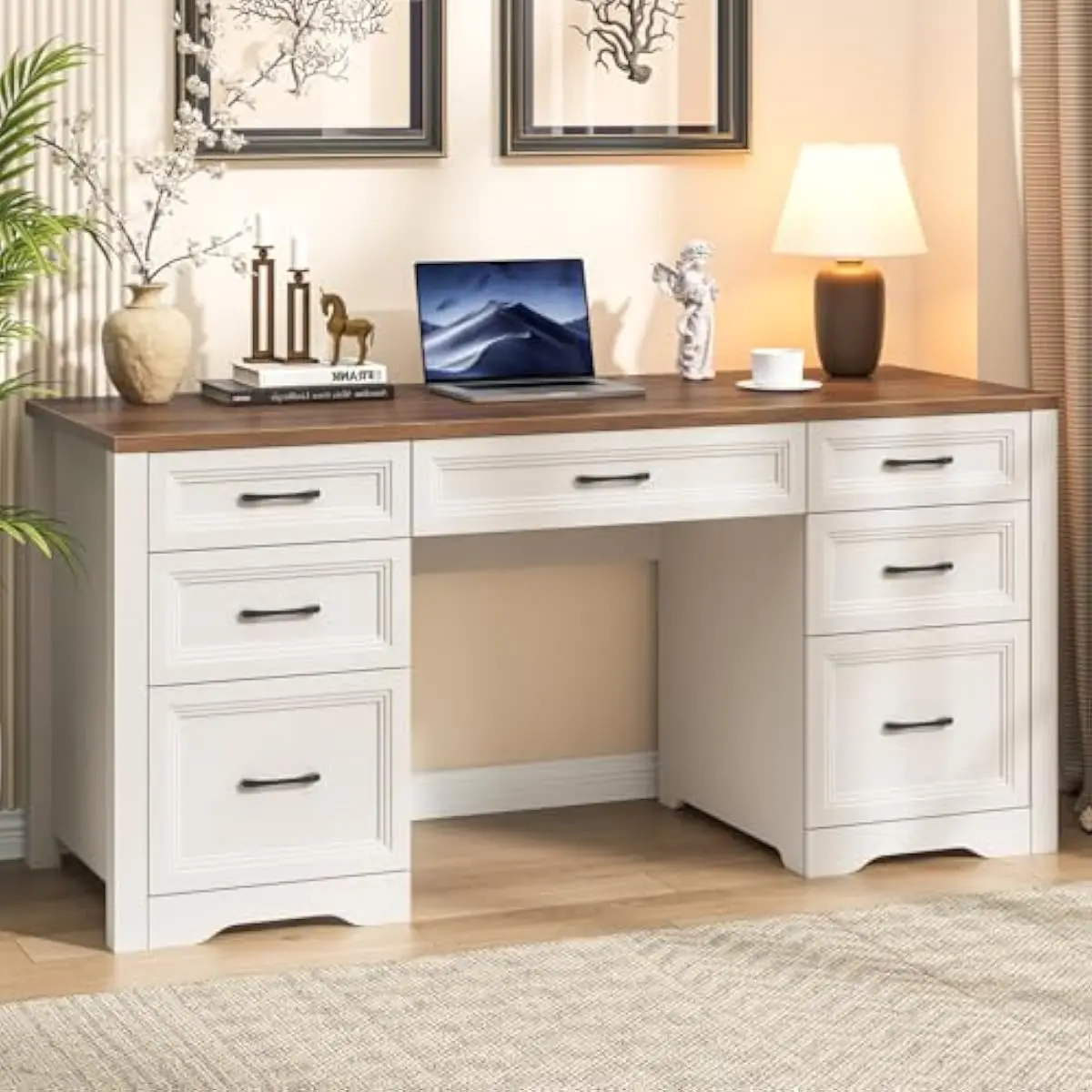 Farmhouse-style executive desk with 60-inch wood-grain top, 7-storage-drawer system including 2 adjustable file compartments, wa