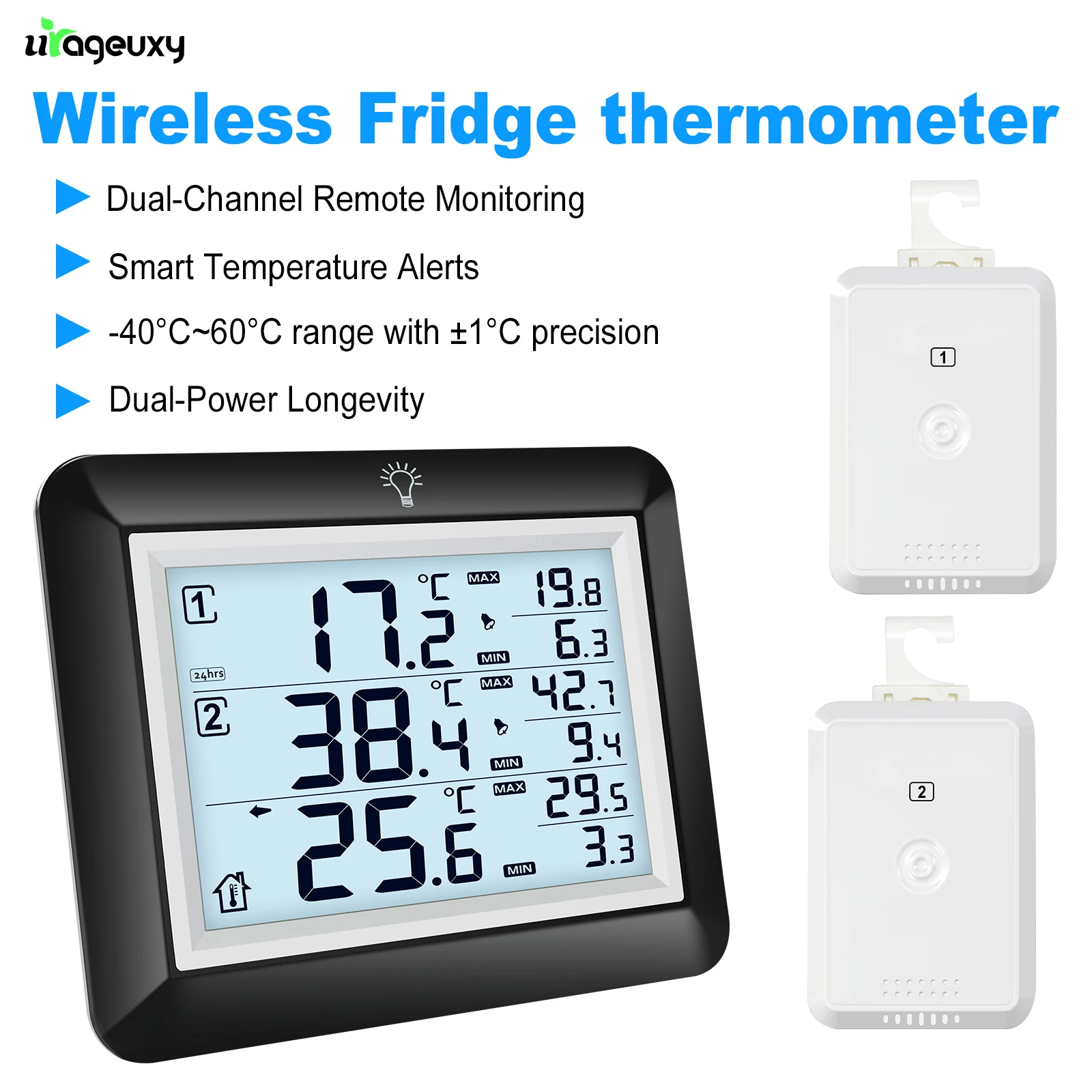 Wireless Digital Freezer Thermometer Hygrometer with Alarm MAX/MIN Recorder Backlight LCD 100M Range Multi-Scenario Use for Home