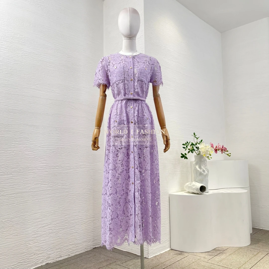 

Violet Purple Lace Patchwork Short Sleeve Midi Dress