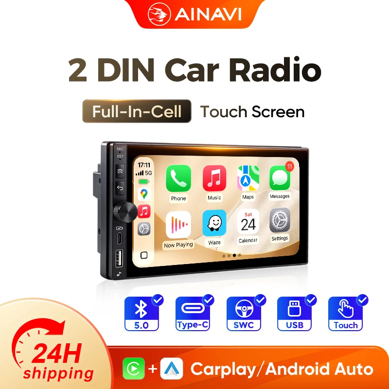 Autoradio AINAVI K60 2 Din, Carplay, Android Auto, lecteur multimédia sans fil pour voiture, MP5, écran tactile HD IPS, 2DIN, autoradio universel, BT 5.0, Type-C, USB