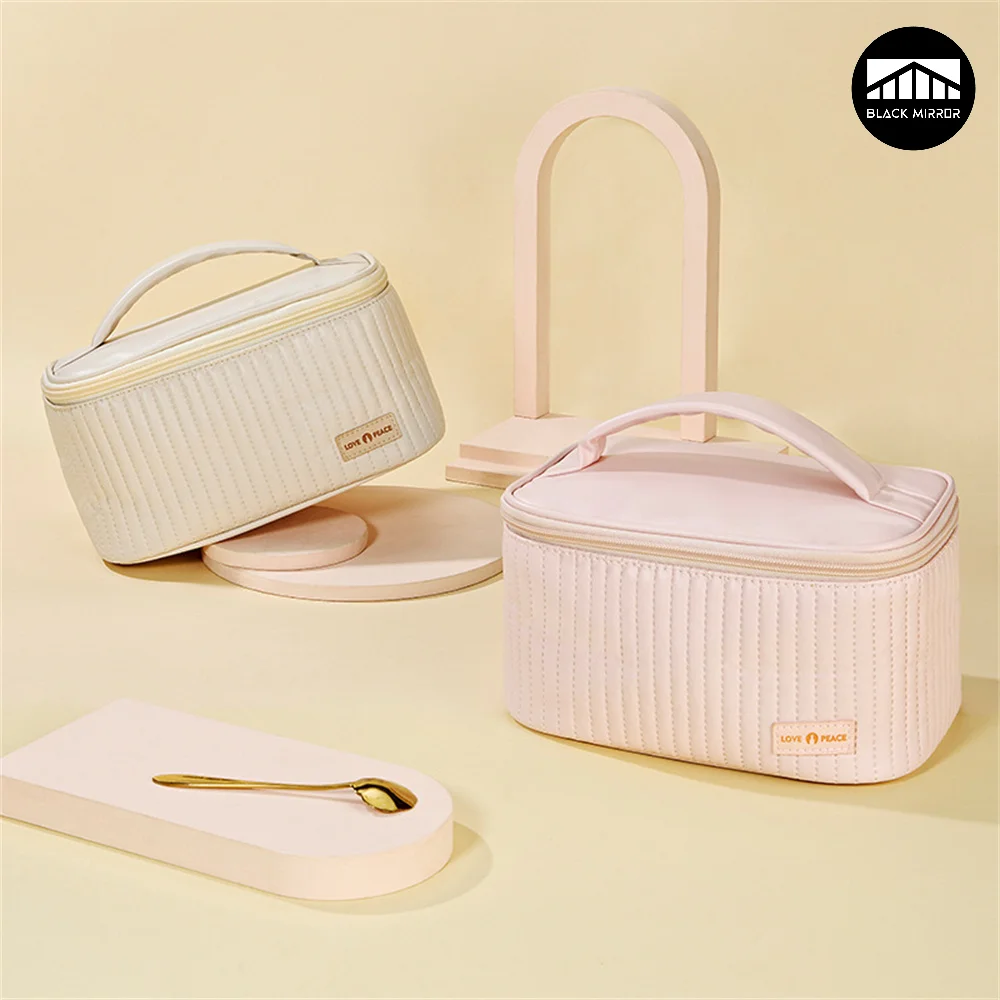 Cream Cake Series PU tinta unita ragazza Open Cover custodie per il trucco portatile borsa per cosmetici da donna di grande capacitร per i viaggi a