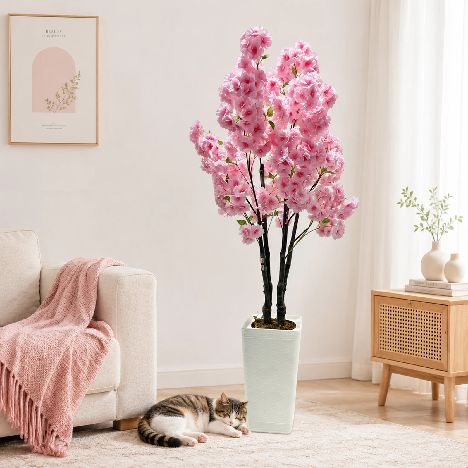 Künstlicher Kirschblütenbaum, große rosa künstliche Sakura-Blüten, Topfpflanze für Zuhause, Hochzeit, Party, Einkaufszentrum, Dekoration, Innenbereich, dekorativer Simulationsblumenbaum