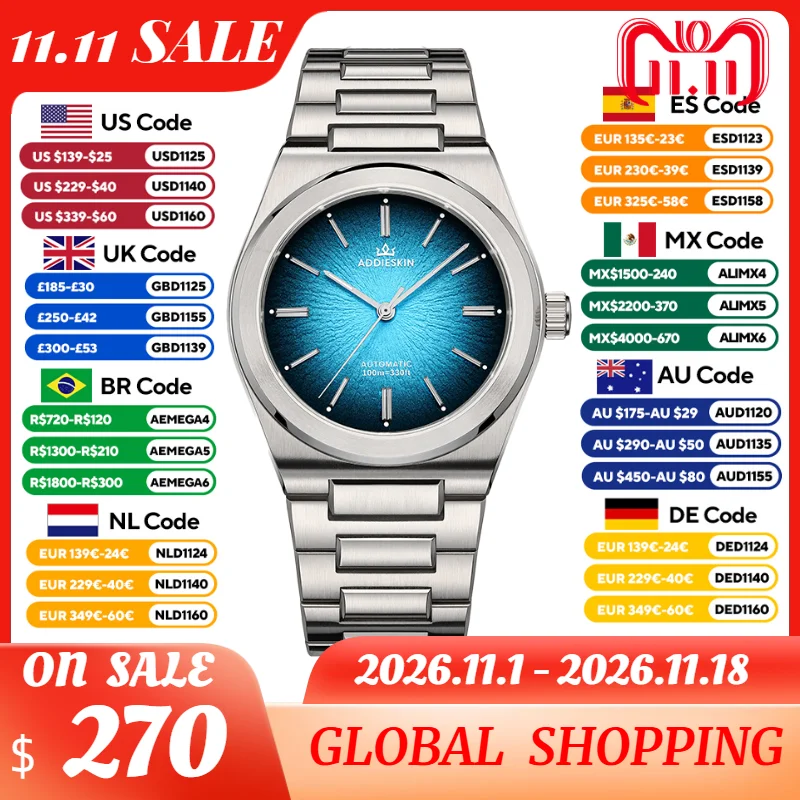 ADDIESKIN K001 Deep Ocean Blue Pupil Dial Automatic Watch Men Sapphire Crystal BGW9 Luminous 100m Waterproof Business Wristwatch