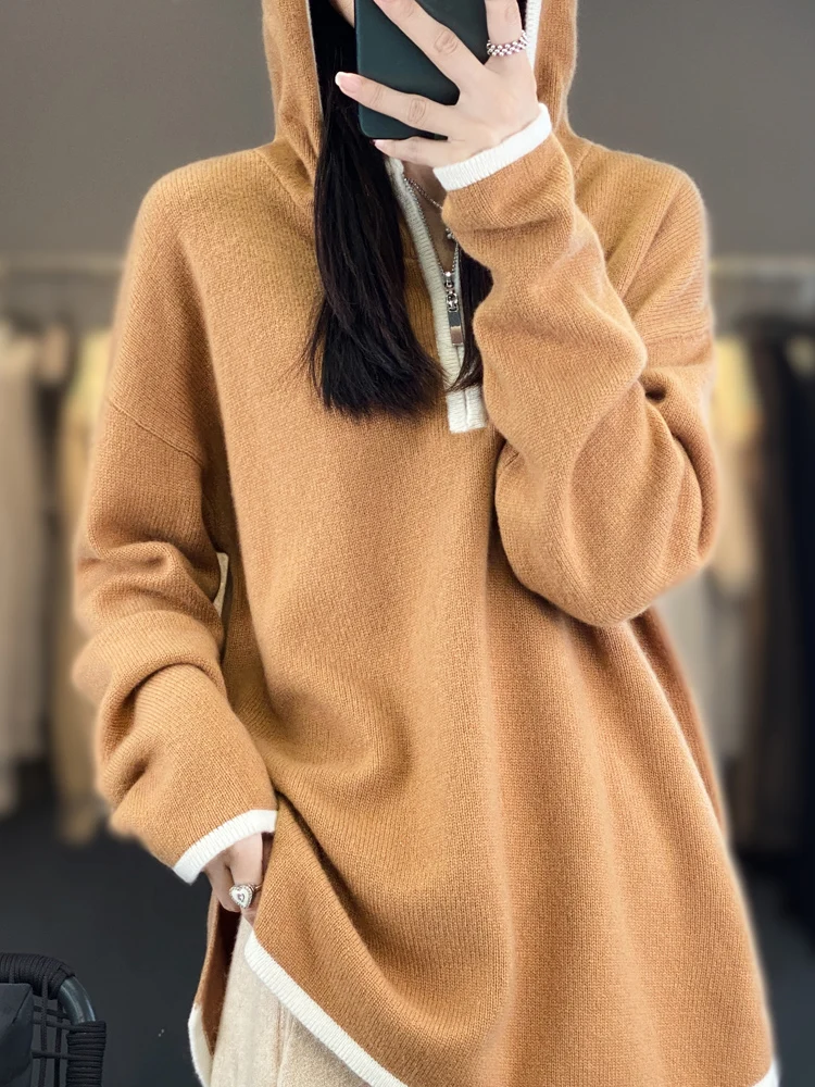 Thickened 100% pure cashmere sweater hoodie solid color pullover hooded sweater loose slim knit bottoming sweater