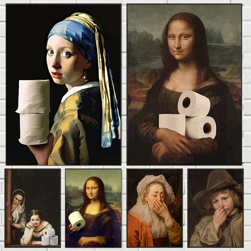 Funny Mona Lisa Wearing Pearls Girl Bathroom Toilet Decoration  Roll Paper Canvas Prints Posters Home Wall Decor Picture