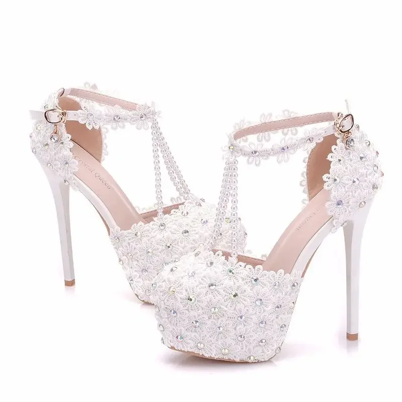 Primavera estate donna pompe scarpe pizzo cavo piattaforma impermeabile punta tonda tacchi sottili 14CM tacchi alti scarpe da sposa da donna