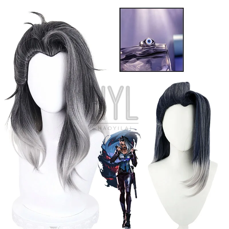 Game VALORANT Fade Cosplay Wig Black White Long Synthetic Hair Earrings For Women Men Halloween Costume Party Carnival Props