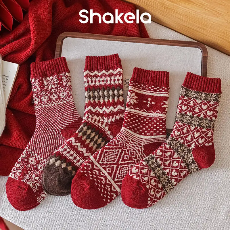 

New Year Red Christmas Stocking Female Autumn Winter Thicken Coral Fleece Cartoon Kawaii Fair Isle Mid-Calf Socks Festival Gift