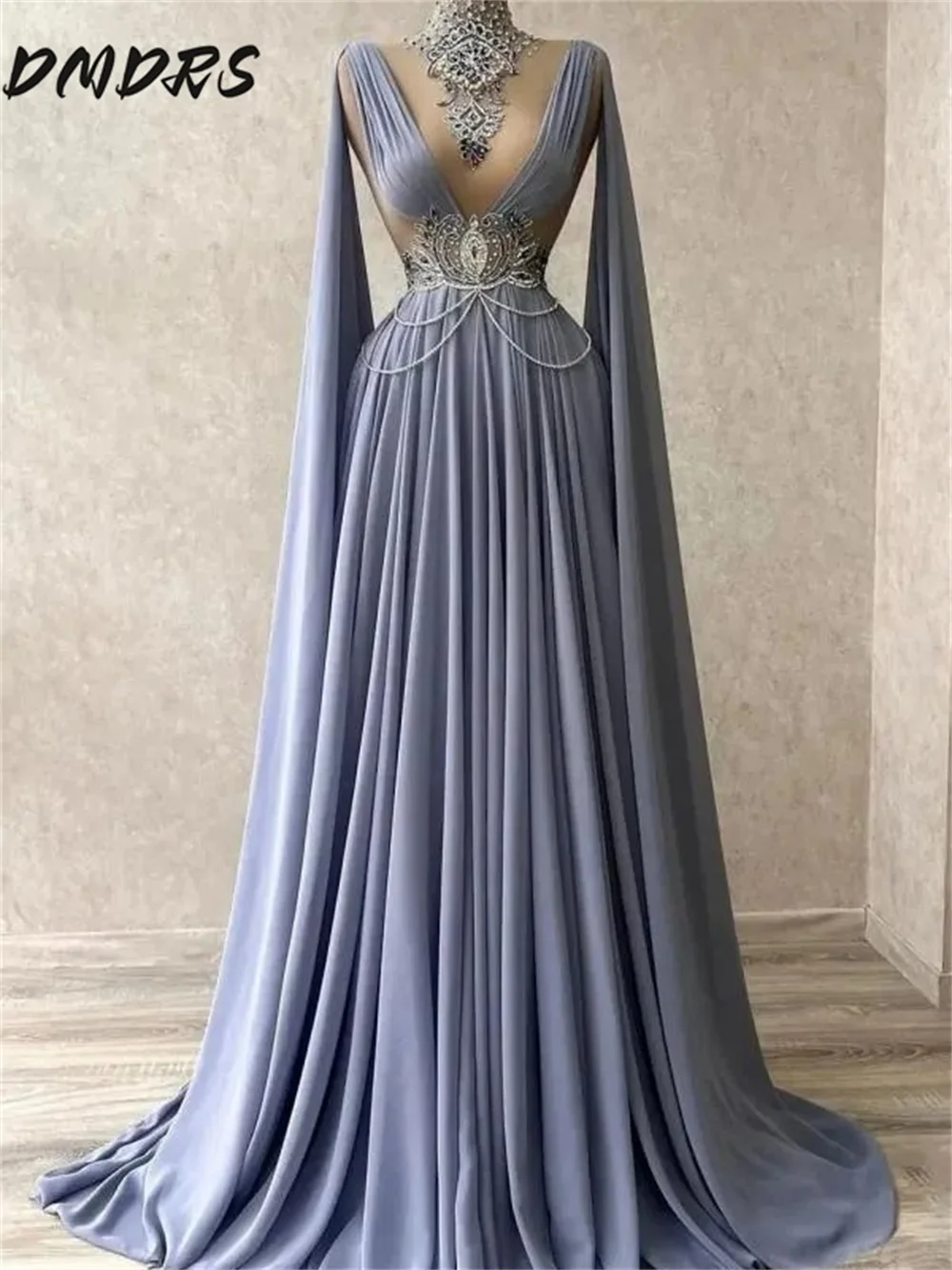 

Luxurious Long Sleeve Evening Gown Stylish Beaded Party Dress Solemn A-Line Floor Length Gown Customized Vestidos De Novia