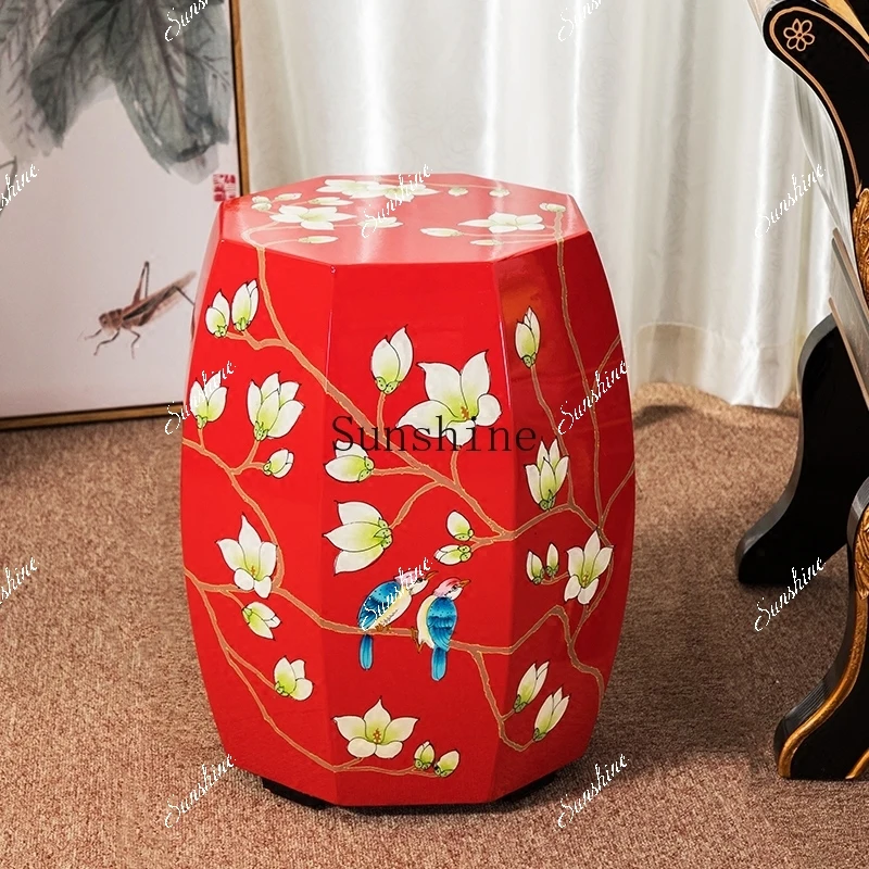 Solid wood new Chinese embroidered pier stool modern painted classical sofa guzheng bedside drum stoolYY