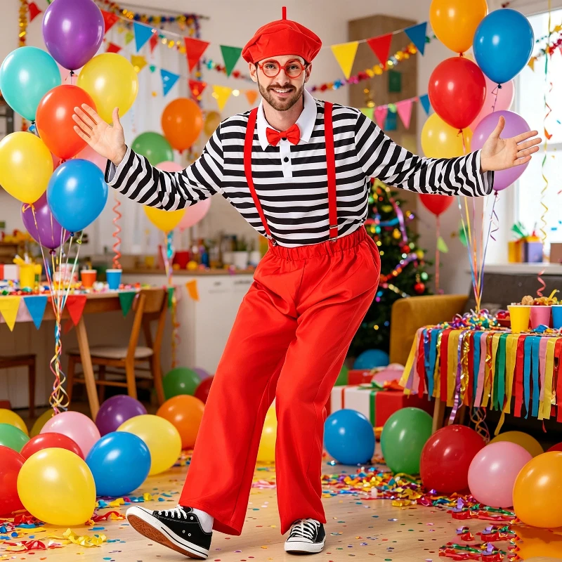 Costume de Clown Adulte Unisexe avec Salopette Rouge, Chemise Rayée Noire et Blanche, Ensemble Complet pour Spectacle de Mime et Fête