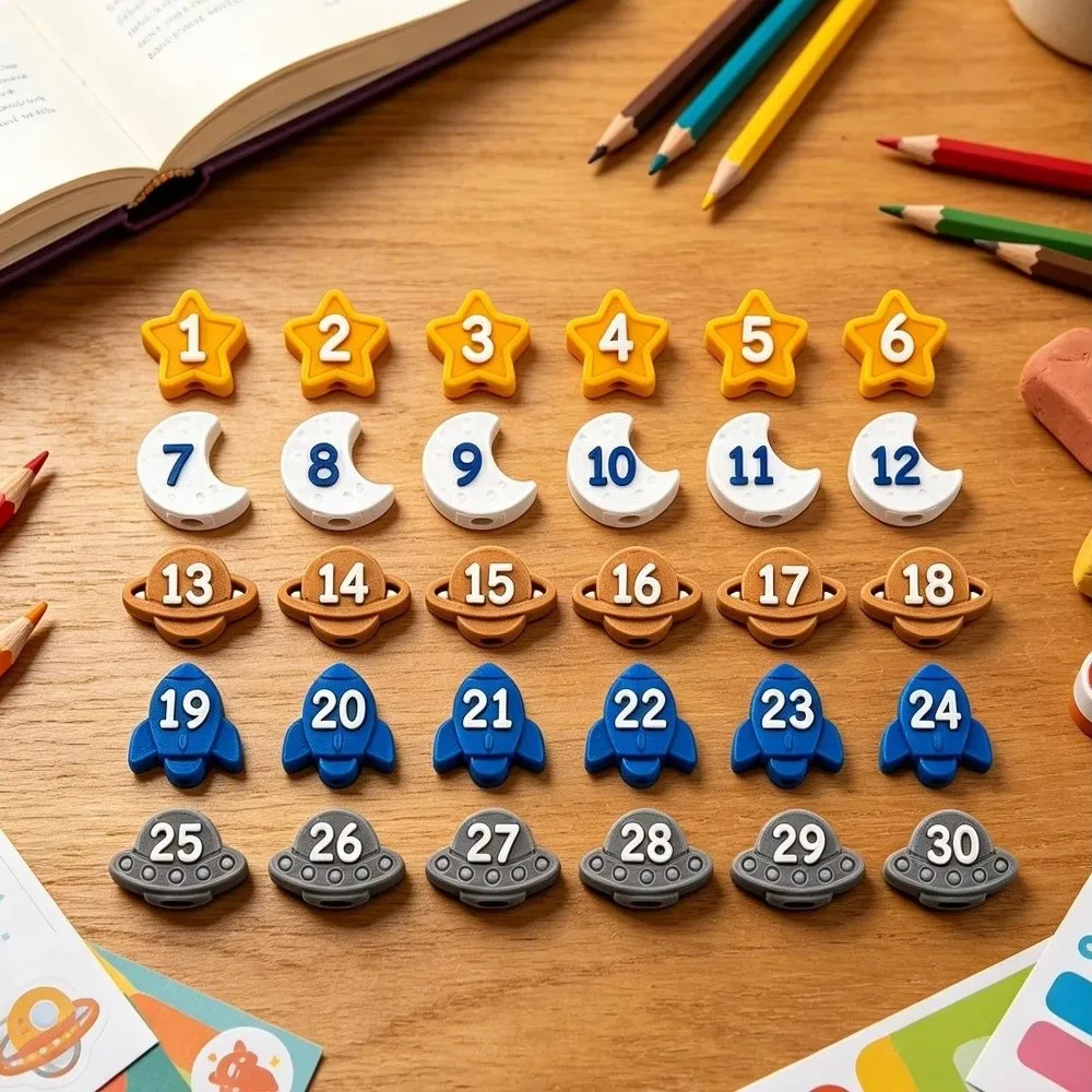 6/30PCS 1-30 Numbered Numbered Pencil Toppers Space-Themed Color Coded Pencil Tracking Markers Non-Slip Sturdy