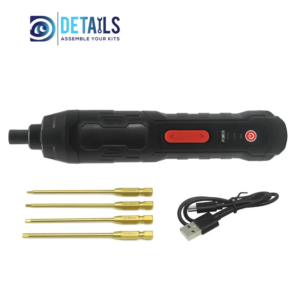 

Electric Mini Screwdriver with 3-Gear Torque With Power Tip Hex 1.5/2.0/2.5/3.0mm 3.6v, 2000mAh, 320/280/220rpm, 2.8-5.5Nm