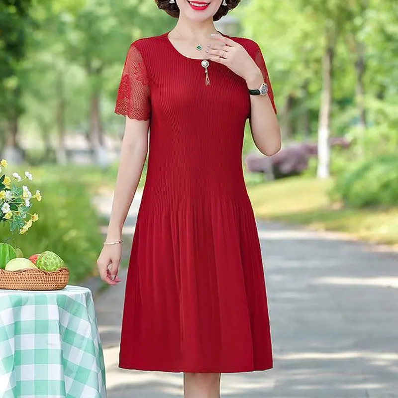 Casual Solid Color Pleated Midi Dress Stylish Lace Patchwork Summer Short Sleeve Female Three-dimensional Decoration Dresses New