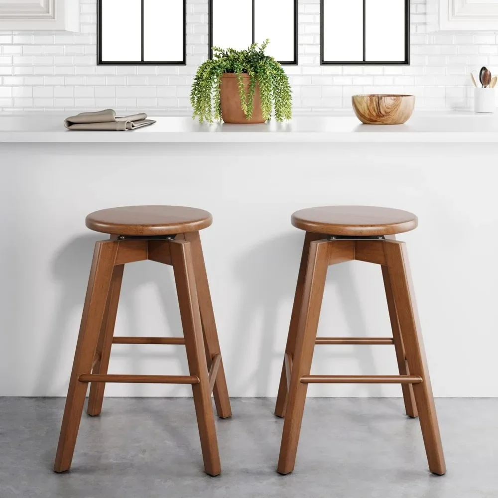 Bar Chairs Bar Stools, Solid Wood with 360 Swivel Seat Antique Coffee/Brown, Backless Counter Height Bar Stool