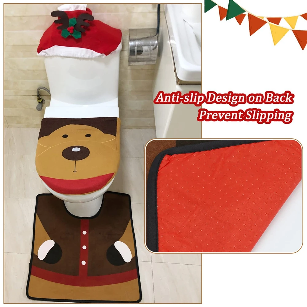 Flannelette Toilet Cover Set DIY Christmas Decoration Creative Bathroom Decor Non-slip Bath Mat Cartoon Printed for Home Party