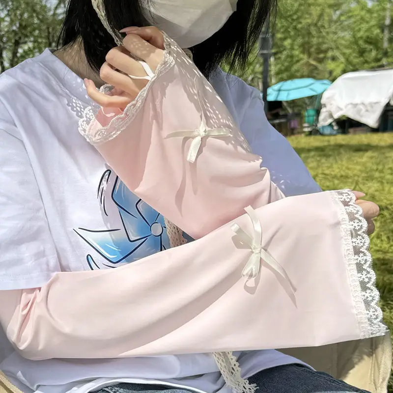 Cute Lace Bow Sun Protection Arm Sleeves for Women, UV Protection, Solid Color, Breathable, Driving & Daily Wear