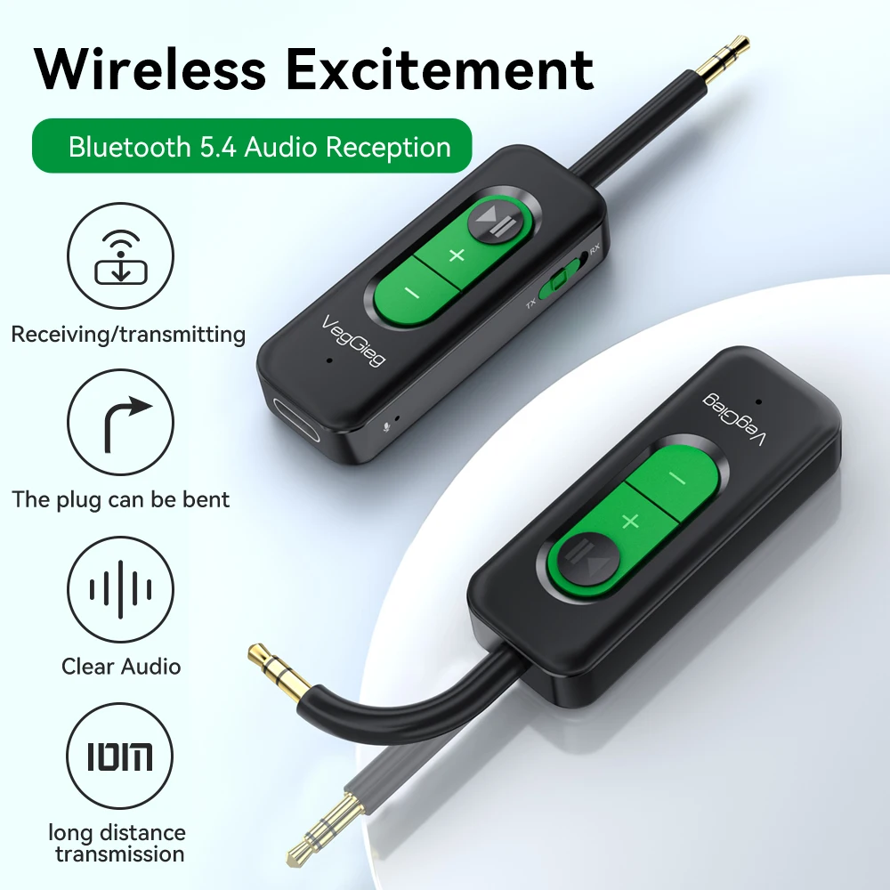 VegGieg 2-in-1 Bluetooth 5.4 Audio Receiver Transmitter Adapter 3.5mm AUX Jack for Car TV Headphones Wireless Music Streaming