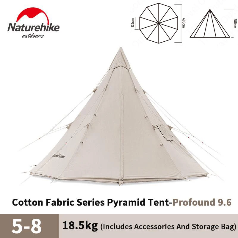 Naturehike Camping Barbecue Fireproof Blended Cotton Tent With Chimney 5-8 Persons Outdoor Portable Pyramid Large Space Tent