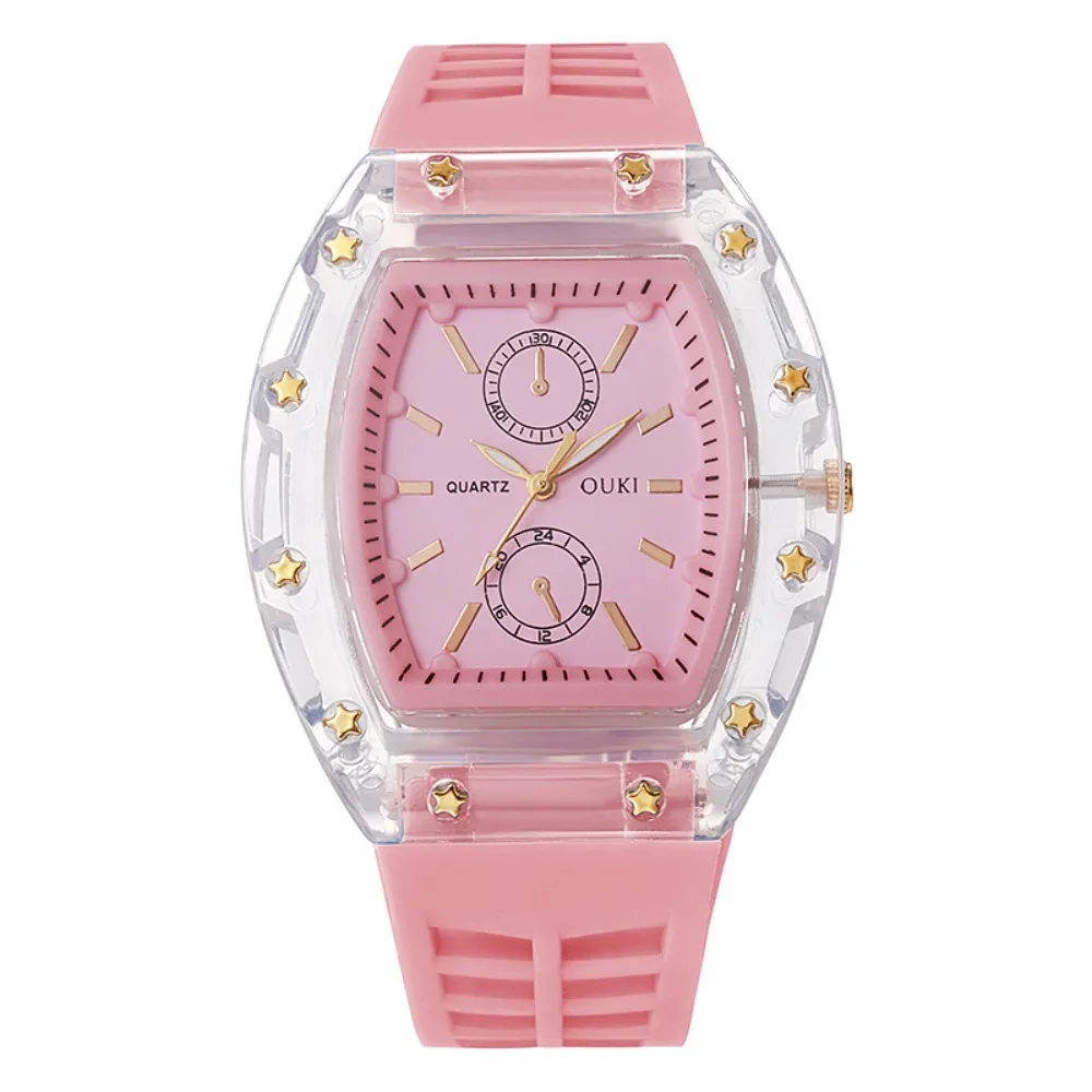 Tonneau Case Women Quartz Watch Silicone Strap Transparent Case Analog Sport Watch Without Box Casual Daily Watch Men Women