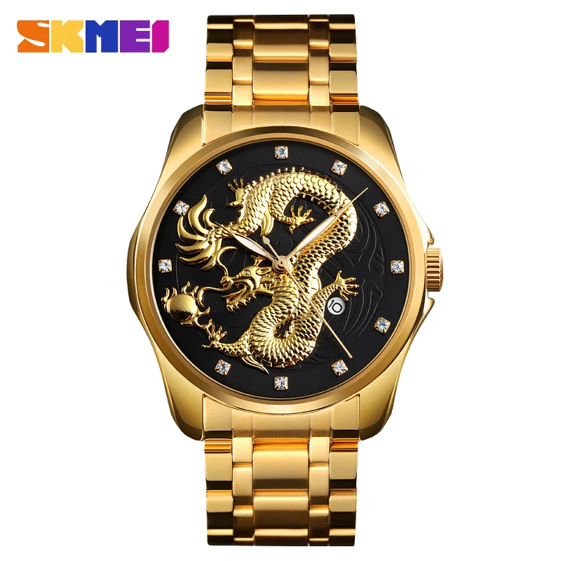 SKMEI Luxury Watch Men Quartz Watches For Men Top Brand Man Golden Dragon 3Bar Waterproof  Stainless Steel Strap Wristwatches