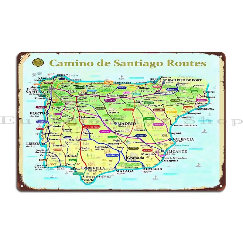 Map Of Camino De Santiago Routes In Spain And Portugal Metal Sign Kitchen Customize Club Home Designing Tin Sign Poster