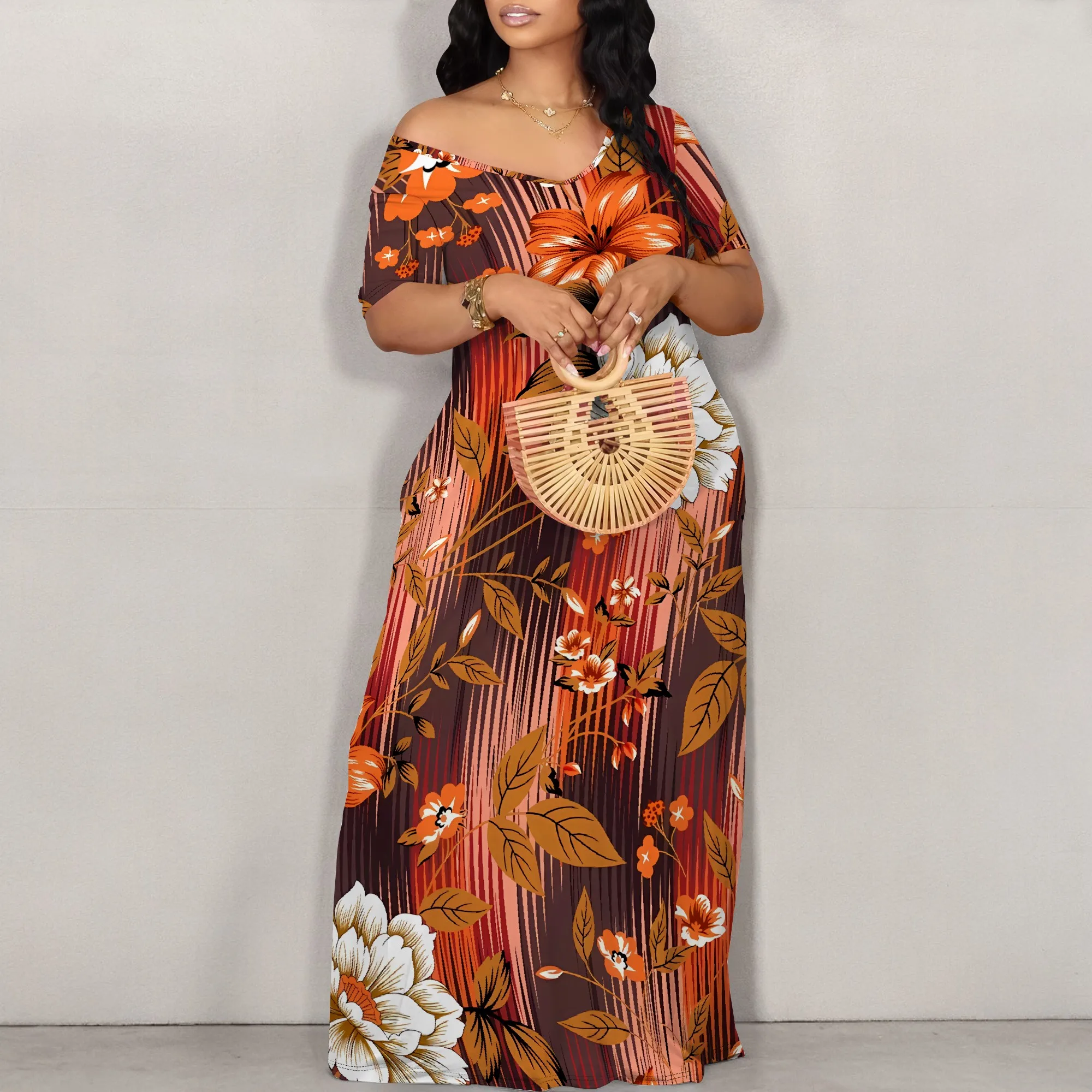 Boho Off Shoulder Maxi Dress Women Brown Floral Stripe Print Casual Summer Long Dress