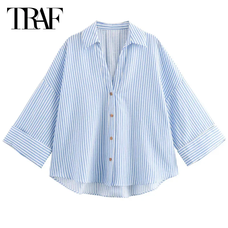 TRAF Shirts & Blouses Women\'s Shirt Summer Women\'s Blouse Cropped Long Sleeve Stripe Summer Shirt Button Up Casual Shirt 2024